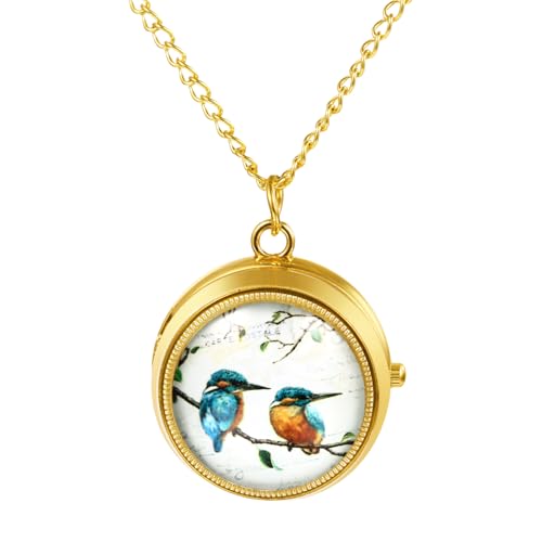 JewelryWe Damen Taschenuhr Gold mit Kette: Niedlich Blau Vogel Analog Quarz Kettenuhr Vintage Stressabbau Uhr Anhänger Halskette mit Drehbarem Deckel und Arabischen Ziffern von JewelryWe