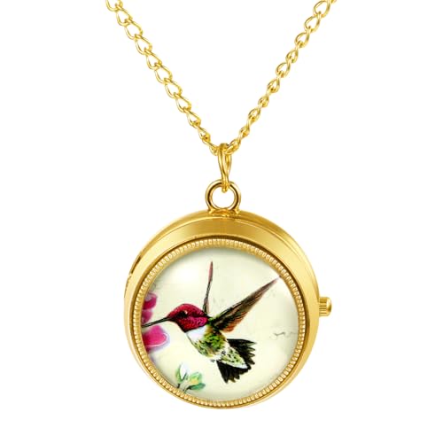 JewelryWe Damen Taschenuhr Gold mit Kette: Niedlich Bunt Vogel Analog Quarz Kettenuhr Vintage Stressabbau Uhr Anhänger Halskette mit Drehbarem Deckel und Arabischen Ziffern von JewelryWe