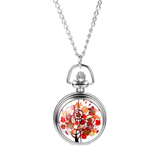 JewelryWe Damen Taschenuhr Kette Blumenbaum: Analog Quarz Kettenuhr Elegant Sonnenblumen Blütenbaum Uhr Anhänger mit Halskette Pocket Watch Geschenk für Mutter Frau Schwester Silber von JewelryWe