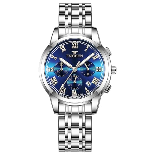 JewelryWe Damen Uhren Edelstahl Leuchtzeiger: Datum Kalender 30m Wasserdicht Analog Quarz Frauen Armbanduhr Damenuhr mit Blau Römischen Ziffern Zifferblatt und Silber Edelstahl Armband von JewelryWe