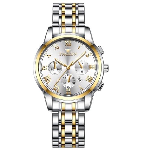 JewelryWe Damen Uhren Edelstahl Leuchtzeiger: Datum Kalender 30m Wasserdicht Analog Quarz Frauen Armbanduhr Damenuhr mit Weiß Römischen Ziffern Zifferblatt und Gold/Silber Edelstahl Armband von JewelryWe