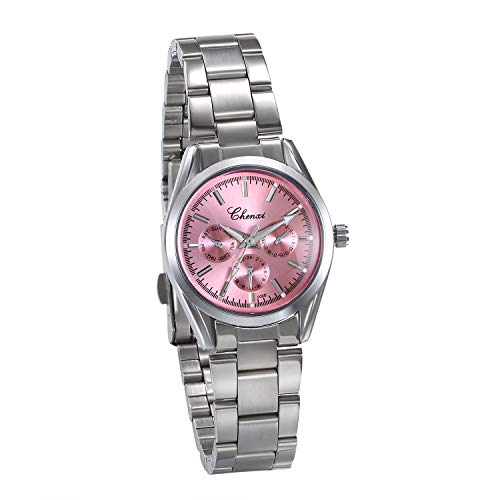 JewelryWe Damen Uhren Elegant Analog Quarz Business Casual Armbanduhr mit Silber Ton Edelstahl Armband, Pink von JewelryWe
