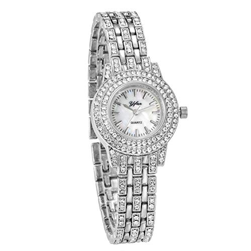 JewelryWe Damenuhr Armbanduhr mit Strass Muschel Ziffer Metallarmband Analog Quarz Uhr für Frauen Silber von JewelryWe