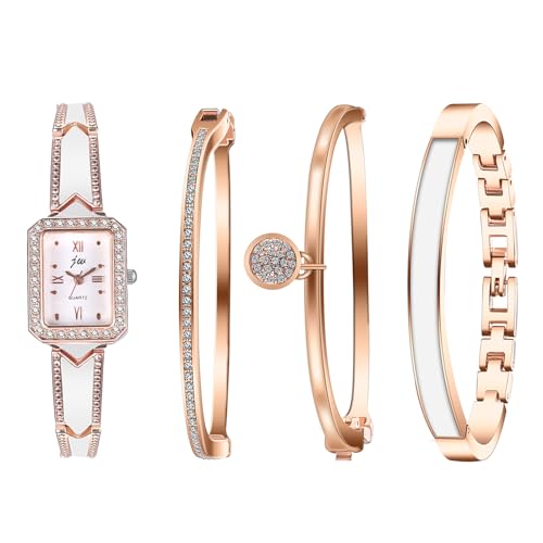 JewelryWe Damenuhr Armreif Set Rosegold: 4 Stück Damen Glitzer Strass Rechteckig Quarz Uhr und Armband Schmuckset Elegant Diamant Armbanduhr Armkette Geschenk für Frauen Mädchen Freundin von JewelryWe