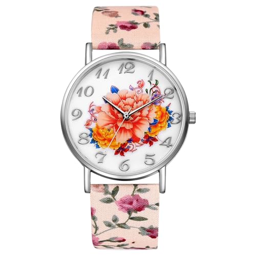 JewelryWe Damenuhr Blumen Leder Uhr: Boho Orange Blumendruck Analog Quarz Armbanduhr Damen Floraler Druck Lederarmband Lässige Uhr mit großen Zahlen Zifferblatt Geschenk für Frau Mädchen von JewelryWe