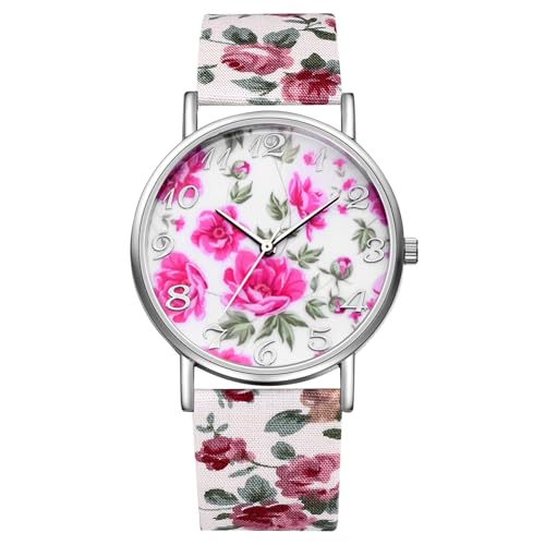 JewelryWe Damenuhr Blumen Leder Uhr: Boho Rosa Blumendruck Analog Quarz Armbanduhr Damen Floraler Druck Lederarmband Lässige Uhr mit großen Zahlen Zifferblatt Geschenk für Frau Mädchen von JewelryWe