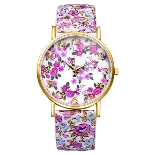 JewelryWe Damenuhr Blumen Leder Uhr: Boho Rosa Gold Blumendruck Analog Quarz Armbanduhr Damen Floraler Druck Lederarmband Lässige Uhr mit großen Zahlen Zifferblatt Geschenk für Frau Mädchen von JewelryWe