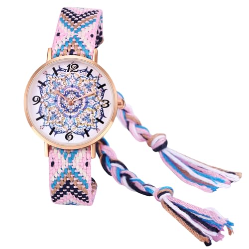 JewelryWe Damenuhr Boho Blumen Uhr: Bohemian Stil Bunt Verstellbar Geflochten Seil Armband Analog Quarz Armbanduhr Damen Lässige Uhr mit Rundem Blumendruck Zifferblatt, Violett Blau Schwarz Weiß von JewelryWe
