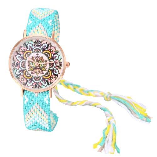 JewelryWe Damenuhr Boho Blumen Uhr: Bohemian Stil Bunt Verstellbar Geflochten Seil Armband aus Baumwolle Analog Quarz Armbanduhr Damen Lässige Uhr mit Rundem Blumendruck Zifferblatt, Grün Weiß Gelb von JewelryWe