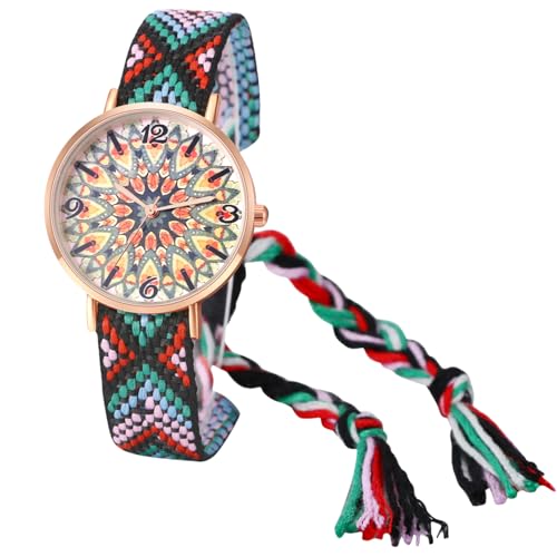JewelryWe Damenuhr Boho Blumen Uhr: Bohemian Stil Bunt Verstellbar Geflochten Seil Armband aus Baumwolle Analog Quarz Armbanduhr Damen Lässige Uhr mit Rundem Blumendruck Zifferblatt, Schwarz Rot Gün von JewelryWe