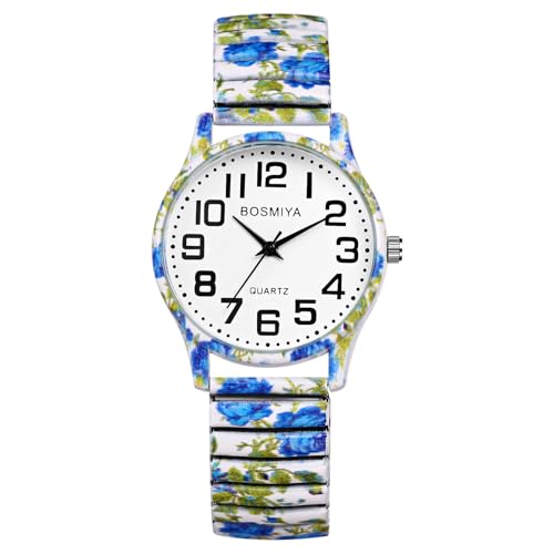 JewelryWe Damenuhr Boho Elastische Uhr: Bohemian-Stil Blau Blumen Floral Druck Analog Quarz Armbanduhr Damen Edelstahl Stretch-Armband Lässige Uhr mit Bedruckt Zugarmband und großen Zahlen von JewelryWe