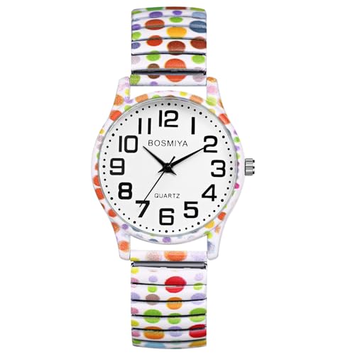 JewelryWe Damenuhr Boho Elastische Uhr: Bohemian Stil Bunte große Punkte Polka Dots Analog Quarz Armbanduhr Damen Stretch Armband Lässige Uhr mit Edelstahl Zugarmband & großen Zahlen Zifferblatt von JewelryWe
