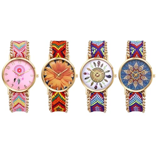JewelryWe Damenuhr Boho Geflochten Uhr: 4 Stück Bohemian Ethno Stil Traumfänger Gänseblümchen Feder Analog Quarz Armbanduhr Damen Ultradünn Lässige Uhr mit Farbig Verstellbar Gestrickt Stoffarmband von JewelryWe