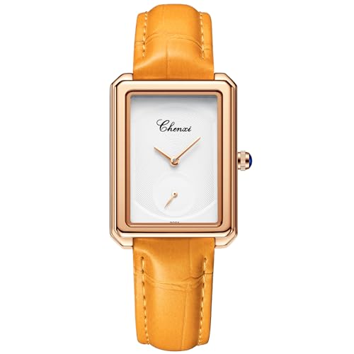 JewelryWe Damenuhr Echtleder Rechteckige Uhr: 30m Wasserdicht Analog Quarz Armbanduhr Damen Orange Echtes Lederarmband Ultradünne Uhr mit Kleinem Sekundenzifferblatt von JewelryWe