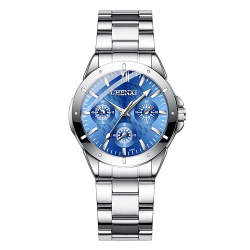 JewelryWe Damenuhr Edelstahl Leuchtende Uhren: 30m Wasserdicht Analog Quarz Armbanduhr Damen DREI Augen Silber Edelstahlarmband Geschäft Lässige Uhr mit Blau Römischen Ziffern Balkenskala Zifferblatt von JewelryWe