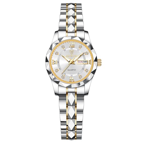 JewelryWe Damenuhr Edelstahl Leuchtende Uhren: 30m Wasserdicht Kalender Analog Quarz Armbanduhr Damen Gold/Silber Edelstahlarmband Geschäft Lässige Uhr mit Römischen Ziffern Diamantskala von JewelryWe