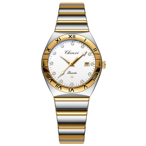 JewelryWe Damenuhr Edelstahl Leuchtende Uhren: 30m Wasserdicht Kalender Analog Quarz Armbanduhr Damen Gold/Silber Edelstahlarmband Uhr mit Römischen Ziffern Strassskala & Weiß rundem Zifferblatt von JewelryWe