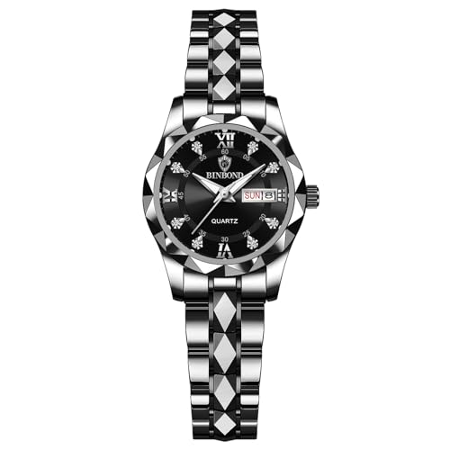 JewelryWe Damenuhr Edelstahl Leuchtende Uhren: 30m Wasserdicht Kalender Analog Quarz Armbanduhr Damen Schwarz Edelstahlarmband Geschäft Lässige Uhr mit Römischen Ziffern Diamantskala & Leuchtzeiger von JewelryWe