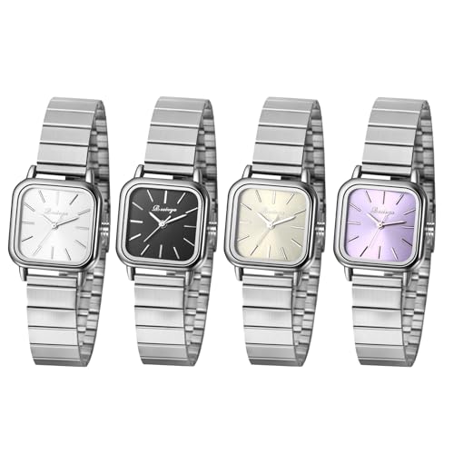 JewelryWe Damenuhr Edelstahl Quadratische Uhren: 4er Set Einfache Kleine Analog Quarz Armbanduhr Damen Silber Edelstahlarmband Geschäft Lässige Uhr mit Eckigem Zifferblatt von JewelryWe