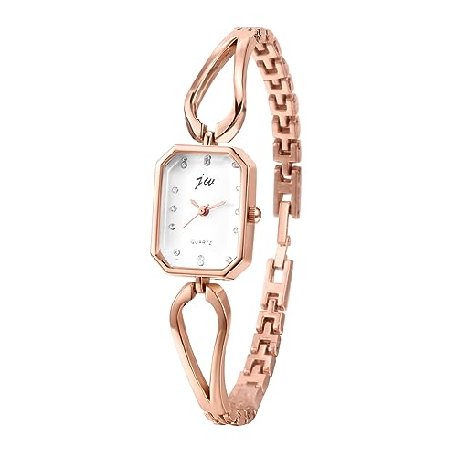 JewelryWe Damenuhr Edelstahl Rechteck Uhren Damen - Rosegold Analog Quarz Armbanduhr mit Edelstahl Armband und Rechteckigem Strass Zifferblatt Elegant Beiläufige Armkette Uhr für Frauen Mädchen von JewelryWe