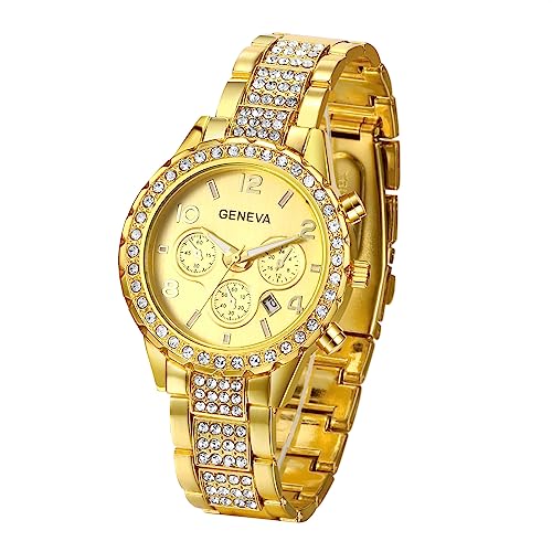 JewelryWe Damenuhr Edelstahl Uhren Damen - Elegant Glitzer Strass Analog Quarz Armbanduhr mit Edelstahl Armband Gold Beiläufige Uhr für Frauen Männer von JewelryWe
