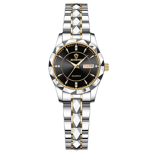 JewelryWe Damenuhr Edelstahl Uhren Damen: 30m Wasserdicht Kalender Analog Quarz Armbanduhr Frauen Gold Silber Edelstahl Armband Lässig Business Uhr mit Schwarz Zifferblatt und Gold Leuchtzeiger von JewelryWe