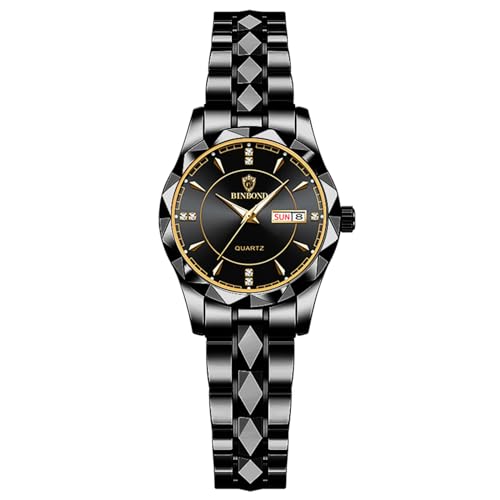 JewelryWe Damenuhr Edelstahl Uhren Damen: 30m Wasserdicht Kalender Analog Quarz Armbanduhr Frauen Schwarz Edelstahl Armband Lässig Business Uhr mit Schwarz Zifferblatt und Gold Leuchtzeiger von JewelryWe