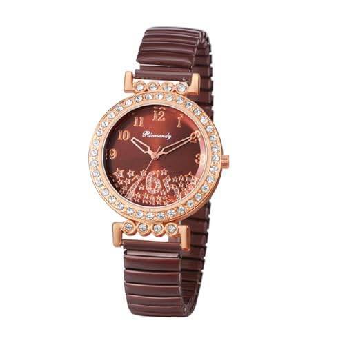 JewelryWe Damenuhr Elastisch Diamant Uhr: Glitzer Zirkonia Sterne Analog Quarz Armbanduhr Damen Braun Edelstahl Stretch-Armband Lässige Uhr mit Zugarmband & leicht ablesbarem Digitalskala von JewelryWe