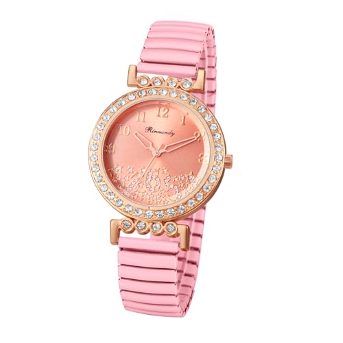 JewelryWe Damenuhr Elastisch Diamant Uhr: Glitzer Zirkonia Sterne Analog Quarz Armbanduhr Damen Rosa Edelstahl Stretch-Armband Lässige Uhr mit Zugarmband & leicht ablesbarem Digitalskala von JewelryWe