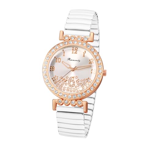 JewelryWe Damenuhr Elastisch Diamant Uhr: Glitzer Zirkonia Sterne Analog Quarz Armbanduhr Damen Weiß Edelstahl Stretch-Armband Lässige Uhr mit Zugarmband & leicht ablesbarem Digitalskala von JewelryWe