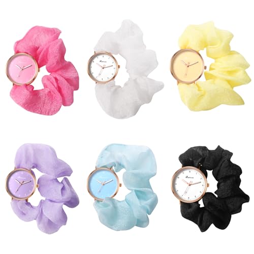 JewelryWe Damenuhr Elastisch Haarband Uhr: 6pcs Damen Analog Quarz Armbanduhr Frauen Mädchen ultradünne multifunktionale Haargummi Uhr mit Zugarmband elastischem Band Geschenk von JewelryWe