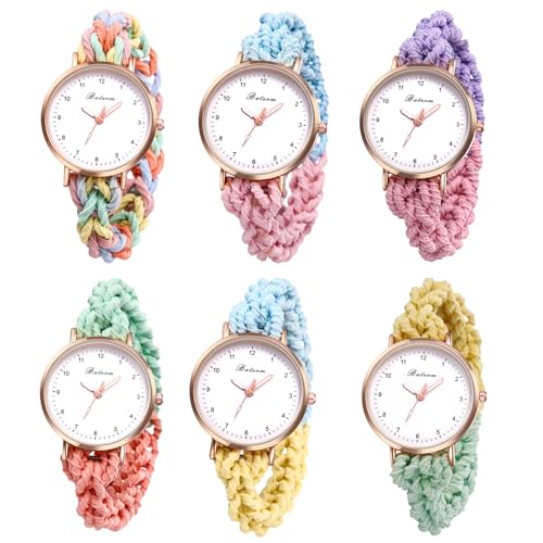 JewelryWe Damenuhr Elastisch Haarband Uhr: 6pcs Set Damen Analog Quarz Armbanduhr Multifunktionale Lässige Uhr mit Geflochten Haargummi Stretch Wickelarmband Geschenk für Frau Mädchen von JewelryWe