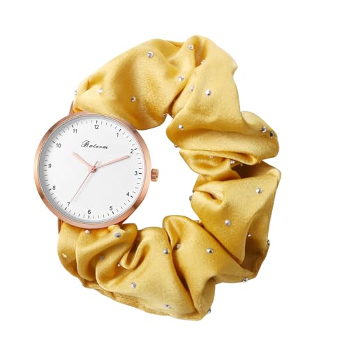 JewelryWe Damenuhr Elastisch Haarband Uhr: Damen Analog Quarz Armbanduhr Frauen Mädchen ultradünne multifunktionale Punkte Haargummi Uhr mit Gelb Zugarmband elastischem Band Geschenk von JewelryWe