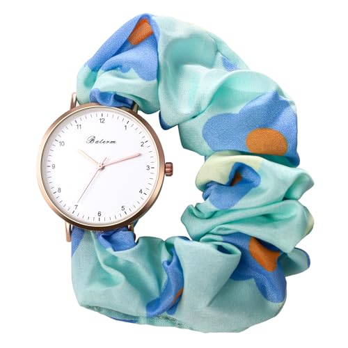 JewelryWe Damenuhr Elastisch Haarband Uhr: Damen Blau Blumen Floral Analog Quarz Armbanduhr Multifunktionale Lässige Uhr mit Haargummi Stretch Armband Geschenk für Frau Mädchen von JewelryWe