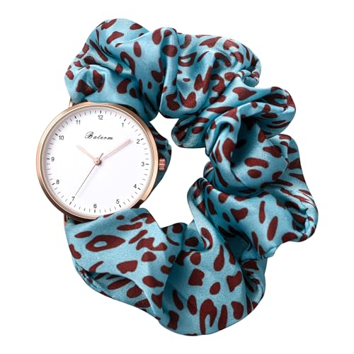 JewelryWe Damenuhr Elastisch Haarband Uhr: Damen Mintgrün Leopard Muster Analog Quarz Armbanduhr Multifunktionale Lässige Uhr mit Haargummi Stretch Armband Geschenk für Frau Mädchen von JewelryWe