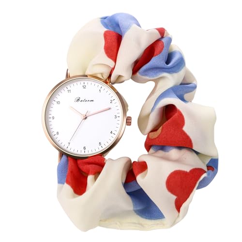JewelryWe Damenuhr Elastisch Haarband Uhr: Damen Rot Blumen Floral Analog Quarz Armbanduhr Multifunktionale Lässige Uhr mit Haargummi Stretch Armband Geschenk für Frau Mädchen von JewelryWe