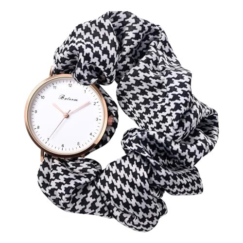 JewelryWe Damenuhr Elastisch Haarband Uhr: Damen Schwarz Weiß Hahnentrittmuster Analog Quarz Armbanduhr Multifunktionale Lässige Uhr mit Haargummi Stretch Armband Geschenk für Frau Mädchen von JewelryWe
