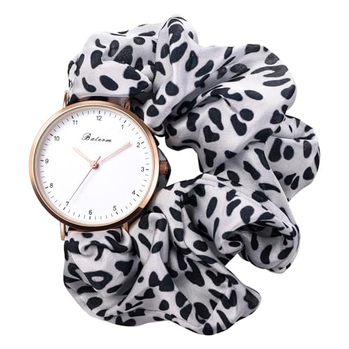 JewelryWe Damenuhr Elastisch Haarband Uhr: Damen Schwarz Weiß Leopardenmuster Analog Quarz Armbanduhr Multifunktionale Lässige Uhr mit Haargummi Stretch Armband Geschenk für Frau Mädchen von JewelryWe