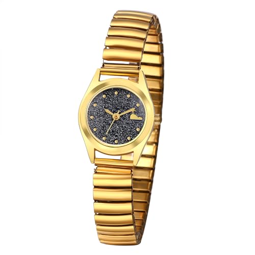 JewelryWe Damenuhr Elastisch Uhren Damen: Analog Quarz Armbanduhr Gold Edelstahl Stretch Armband Klein Lässige Uhr mit Schwarz Sternenhimmel Zifferblatt Geschenk für Frau Mädchen von JewelryWe