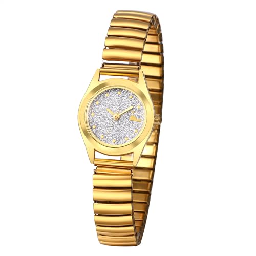 JewelryWe Damenuhr Elastisch Uhren Damen: Analog Quarz Armbanduhr Gold Edelstahl Stretch Armband Klein Lässige Uhr mit Silber Sternenhimmel Zifferblatt Geschenk für Frau Mädchen von JewelryWe