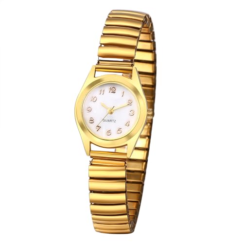 JewelryWe Damenuhr Elastisch Uhren Damen: Analog Quarz Armbanduhr Gold Edelstahl Stretch Armband Klein Lässige Uhr mit Weiß Digital Zifferblatt Geschenk für Frau Mädchen von JewelryWe