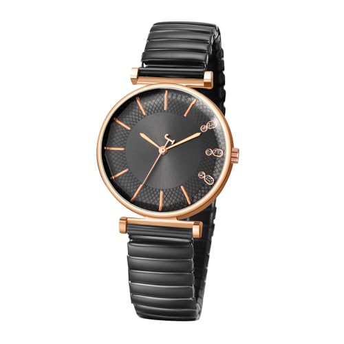 JewelryWe Damenuhr Elastisches Zugarmband Uhr: Elegant Analog Quarz Armbanduhr Damen Schwarz Edelstahl Stretcharmband Uhr mit Strass Balkenskala Zifferblatt von JewelryWe