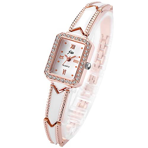 JewelryWe Damenuhr Elegant Analog Quarz Armbanduhr Damen Strass Rechteckig Römische Ziffern Beiläufige Uhr Spangenuhr mit Metall-Armband Rosegold von JewelryWe