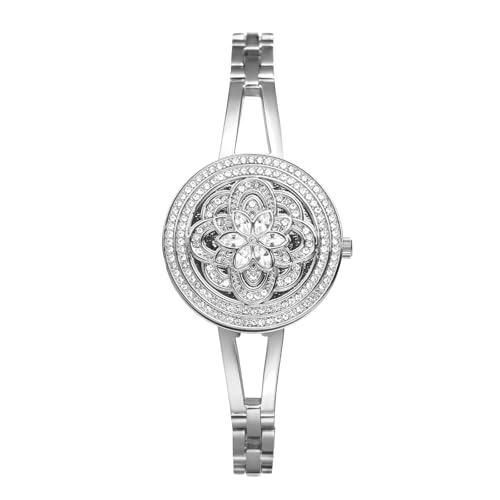 JewelryWe Damenuhr Glitzer Blume Uhren: 30m Wasserdicht Analog Quarz Armbanduhr Spangeuhr Damen Silber Schmales Edelstahl Armband Kleine Strass Diamant Uhr mit Muschel Zifferblatt von JewelryWe