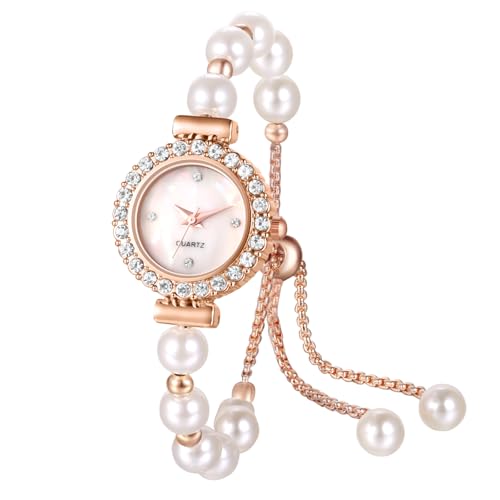 JewelryWe Damenuhr Glitzer Perlen Uhren: Bling Zirkonia Perlenuhr Analog Quarz Armbanduhr Damen Verstellbar Perlenarmband Metallarmband Klein Schmal Diamant Uhr mit rundem Muschel-Zifferblatt Rosegold von JewelryWe