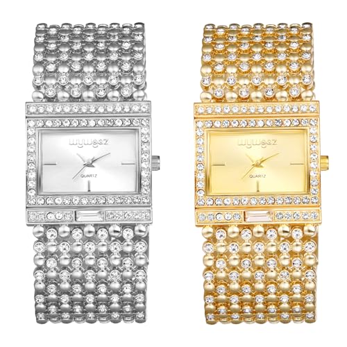 JewelryWe Damenuhr Glitzer Rechteckig Uhr: 2 Stück Damen Bling Strass Analog Quarz Armbanduhr Frauen Breit Metallarmband Armreif Lässige Diamant Spangenuhr mit Eckigem Zifferblatt JewelryWe Damenuhr Glitzer Rechteckig Uhr: 2 Stück Damen Bling Strass Analog Quarz Armbanduhr Frauen Breit Metallarmband Armreif Lässige Diamant Spangenuhr mit Eckigem Zifferblatt von JewelryWe