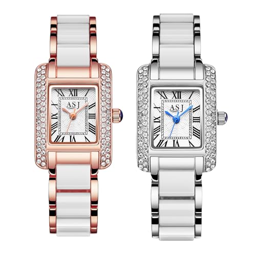 JewelryWe Damenuhr Glitzer Rechteckige Uhr: 2pcs Damen Bling Strass Analog Quarz Armbanduhr Keramik Imitation Metallarmband Frauen Lässige Uhr mit Eckigem Römischen Ziffern Zifferblatt von JewelryWe