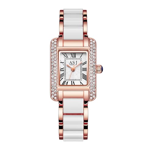 JewelryWe Damenuhr Glitzer Rechteckige Uhr: Rosegold Damen Bling Strass Analog Quarz Armbanduhr Keramik Imitation Metallarmband Frauen Lässige Uhr mit Eckigem Römischen Ziffern Zifferblatt von JewelryWe