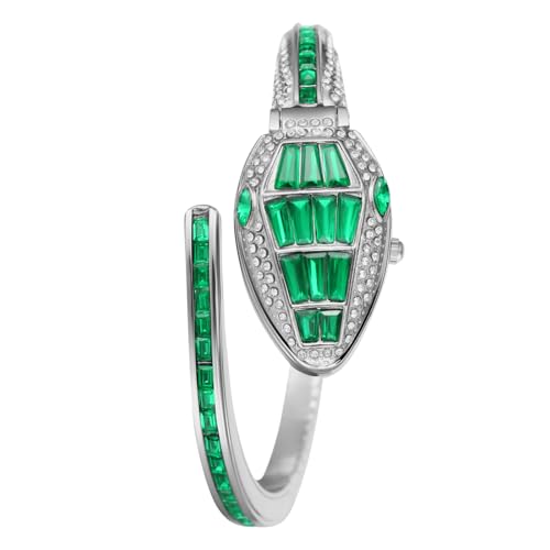 JewelryWe Damenuhr Glitzer Schlangen Uhren: Bling Grün Strass Kristall Analog Quarz Armbanduhr Spangeuhr Damen Silber Offenes Verstellbares Metallarmband Armreif Diamantuhr mit Schlangenkopf Gehäuse von JewelryWe