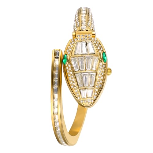 JewelryWe Damenuhr Glitzer Schlangen Uhren: Bling Strass Kristall Analog Quarz Armbanduhr Spangeuhr Damen Gold Offenes Verstellbares Metallarmband Armreif Diamantuhr mit Schlangenkopf Formgehäuse von JewelryWe